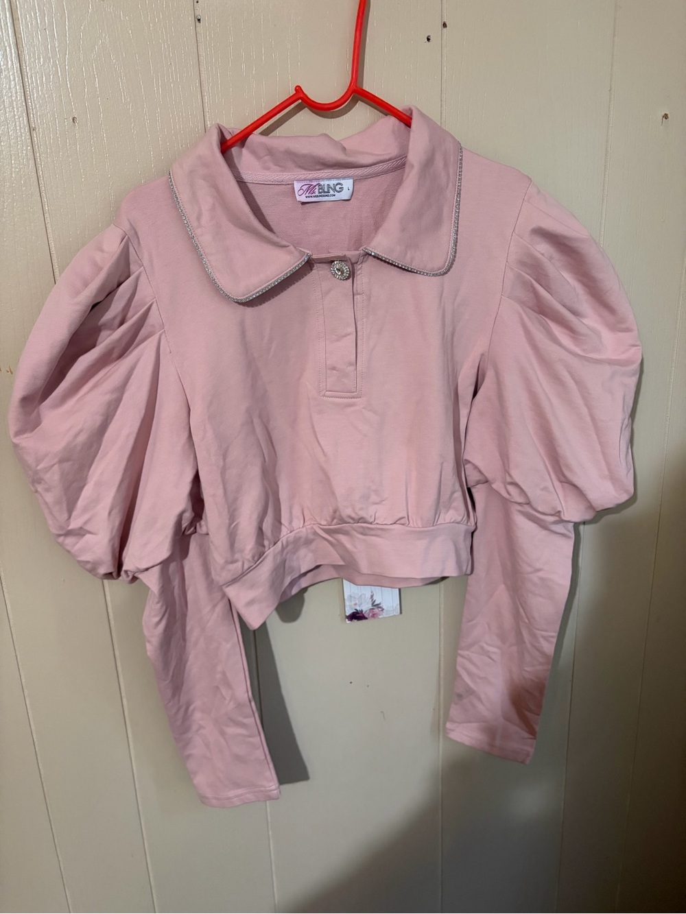 Ms Bling  pink crop  top with rhinestone on collar and rhinestones on button L